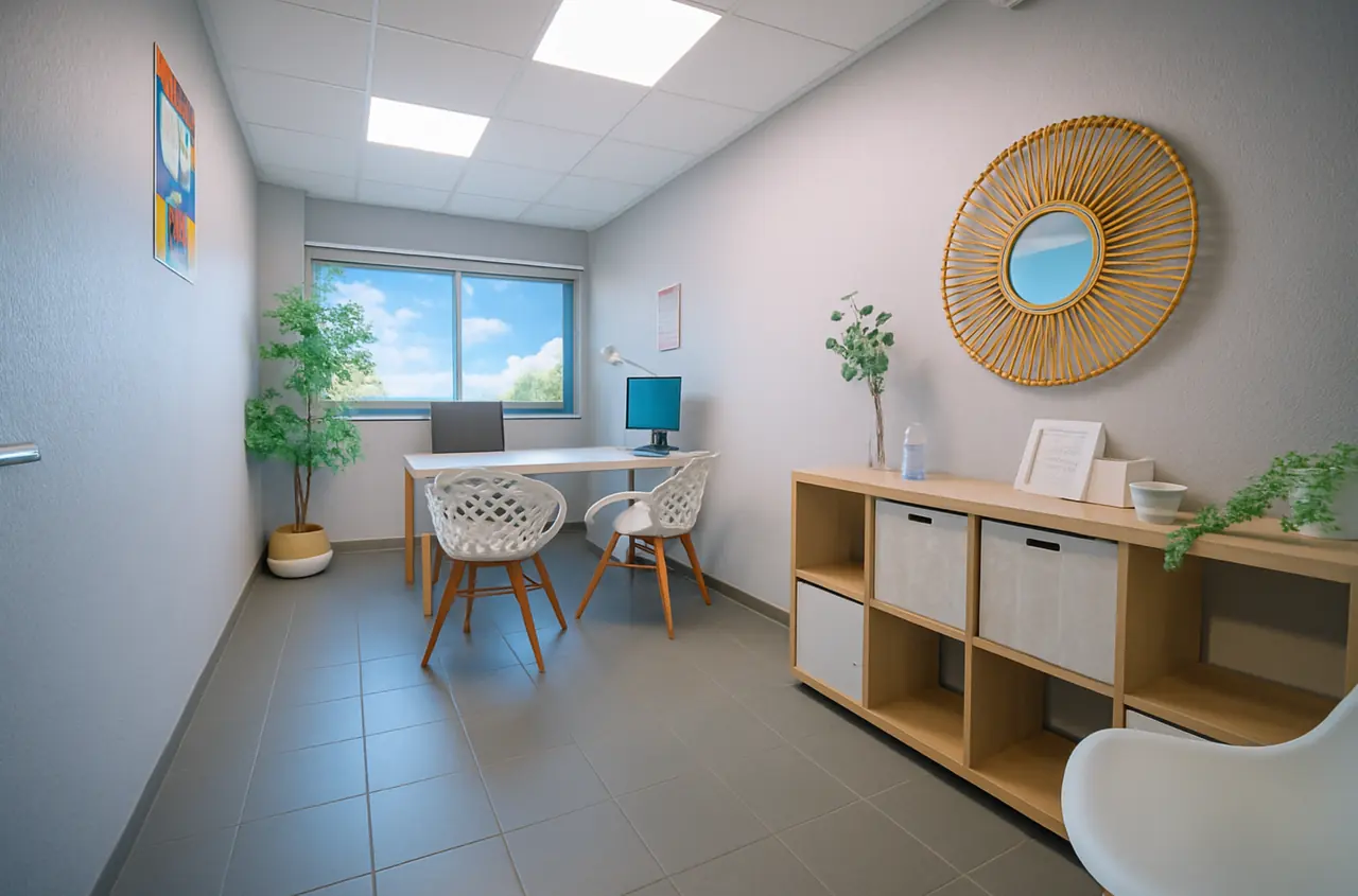 Bureau privatif lumineux à Montpellier Garosud avec mobilier professionnel, fenêtre et espace de travail prêt à recevoir un client.